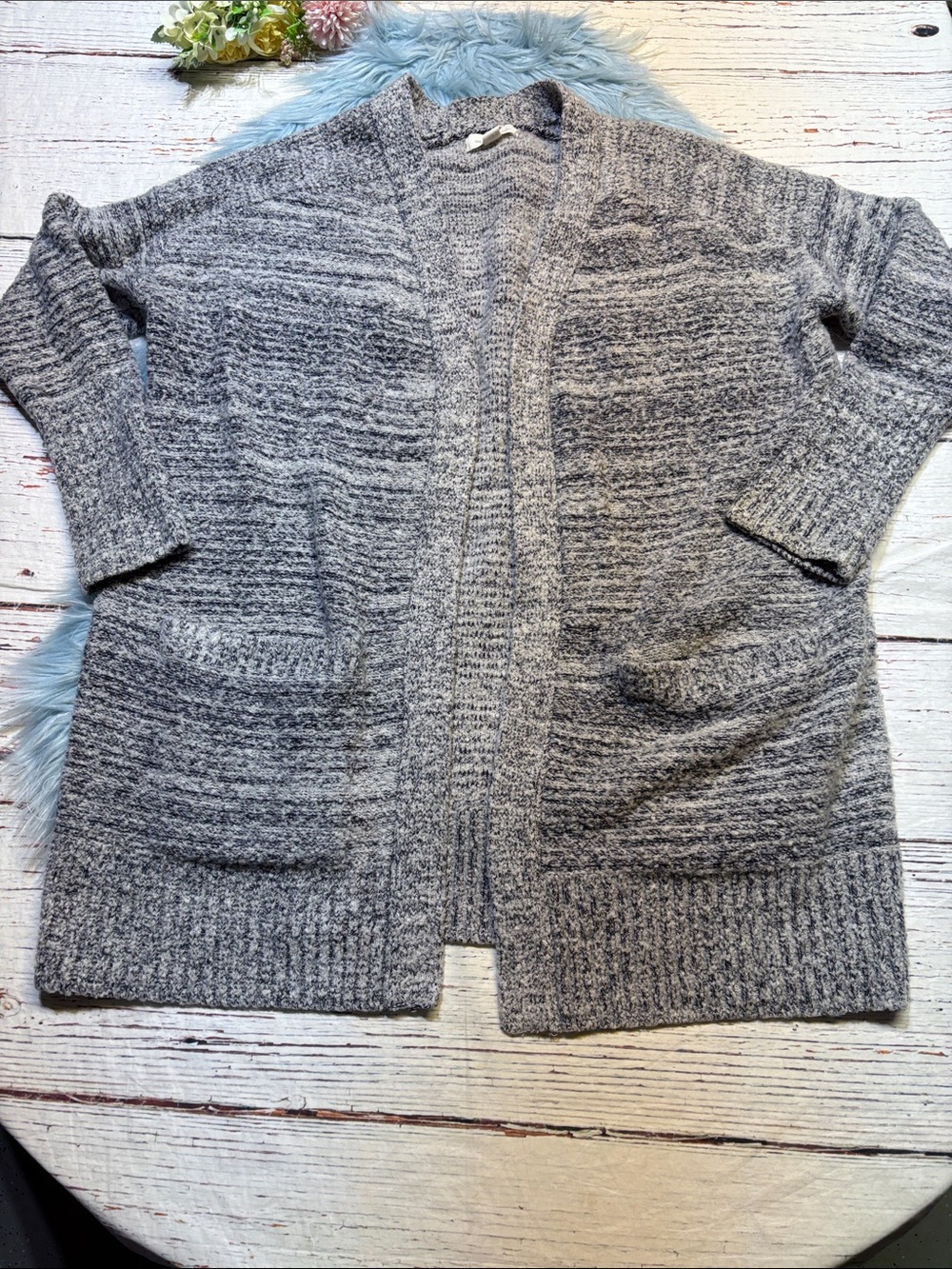 Treasure & Bone White Black Marbled Wool Blend Open Knit Cardigan Sweater sz L